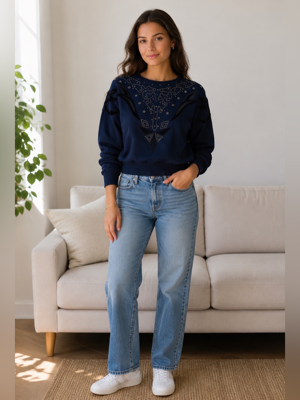 COSCOB Vintage Navy Blue Beaded Sequin Velour Sweater Size M